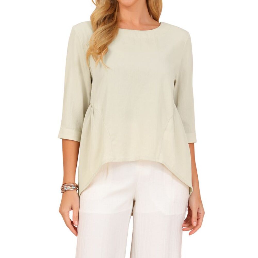 Womens High Low Top 3/4 Sleeve Asymmetrical Casual Loose Fall Blouse Apricot